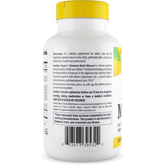 Front view of Healthy Origins Chelated Multi Mineral – non-GMO, vegetarian, made in USA