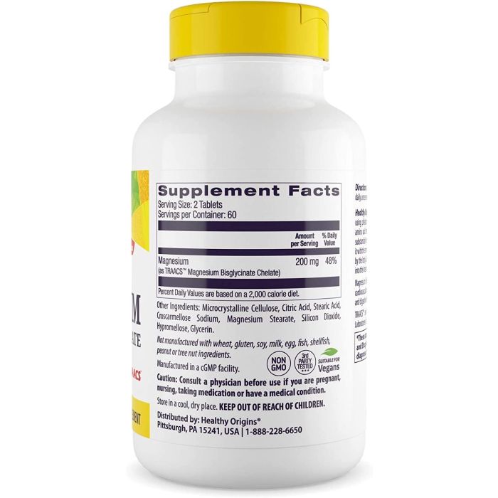 Front label of Healthy Origins Magnesium Bisglycinate Chelate – gluten-free, non-GMO, made in USA
