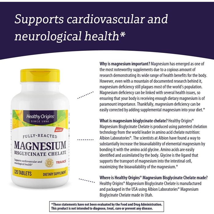 Healthy Origins Magnesium Bisglycinate Chelate bottle – 120 tablets for muscle and sleep support