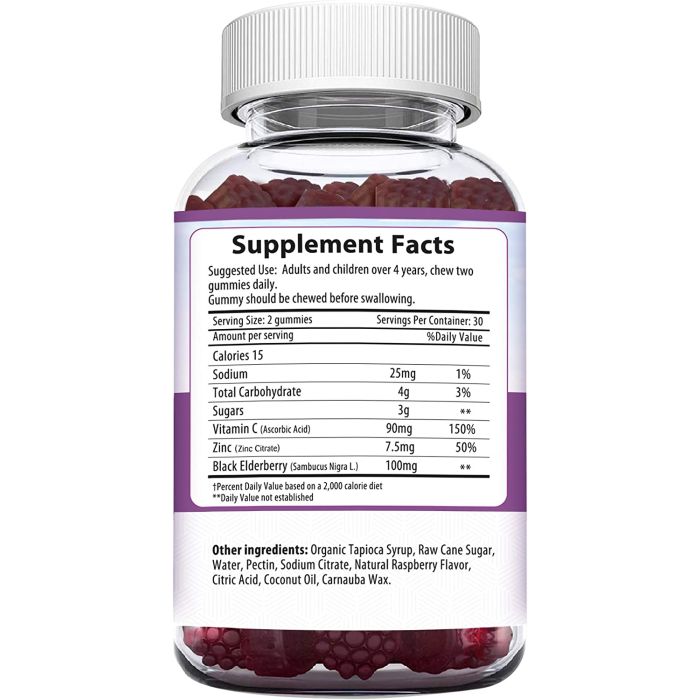 Open bottle of Herbion Elderberry Gummies – raspberry flavor, daily immune defense, 60 gummies
