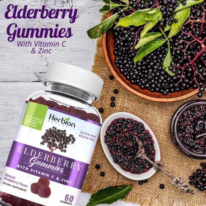 Herbion Naturals Elderberry Gummies bottle – 60 count with vitamin C and zinc for immune support"