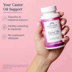 Side view of Heritage Store castor oil softgels – gluten-free and vegan-friendly