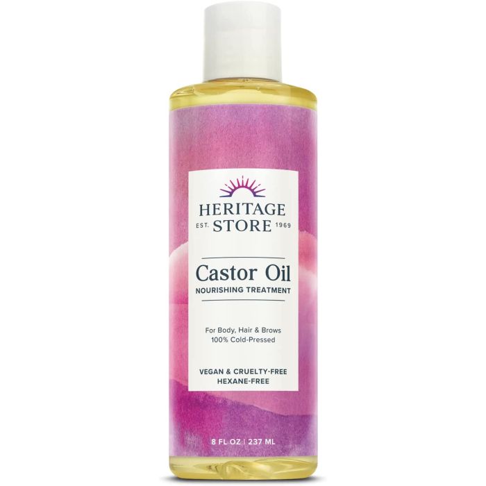 Castor oil bottle with texture swatch – rich, emollient consistency