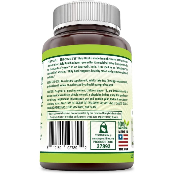 "Front label of Herbal Secrets Holy Basil – 1000 mg strength, promotes calm and wellness"
