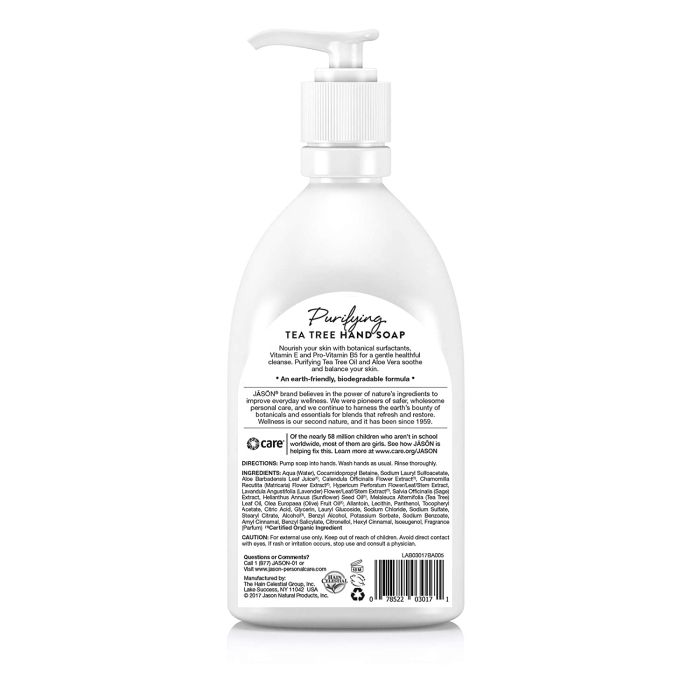 Front label of Jason Purifying Tea Tree Hand Soap with eco-friendly, sulfate-free design