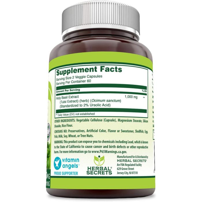 "Herbal Secrets Holy Basil 1000 mg bottle – premium Ayurvedic herb for stress relief, 120 capsules"