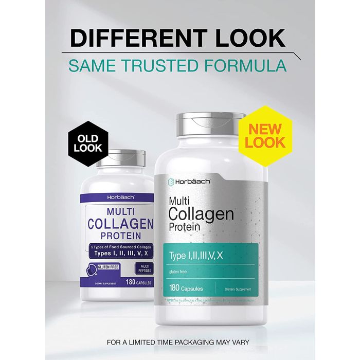 Product shot with collagen benefit icons like hair, skin, nails, and joint mobility