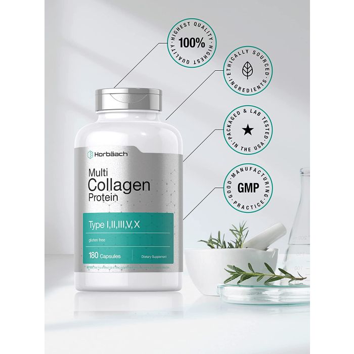 Front label of Horbaach collagen supplement showing five collagen types and quick-release formula