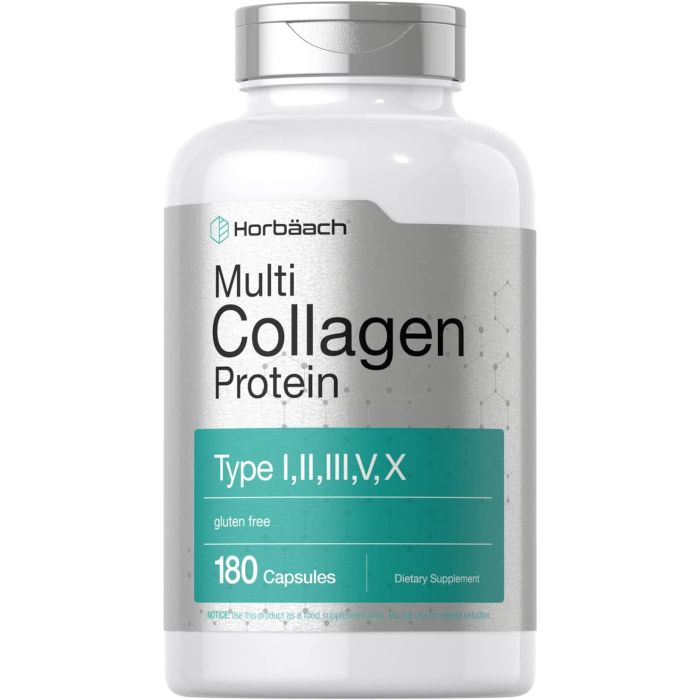 Back label of Horbaach Multi Collagen Protein showing usage instructions and certifications