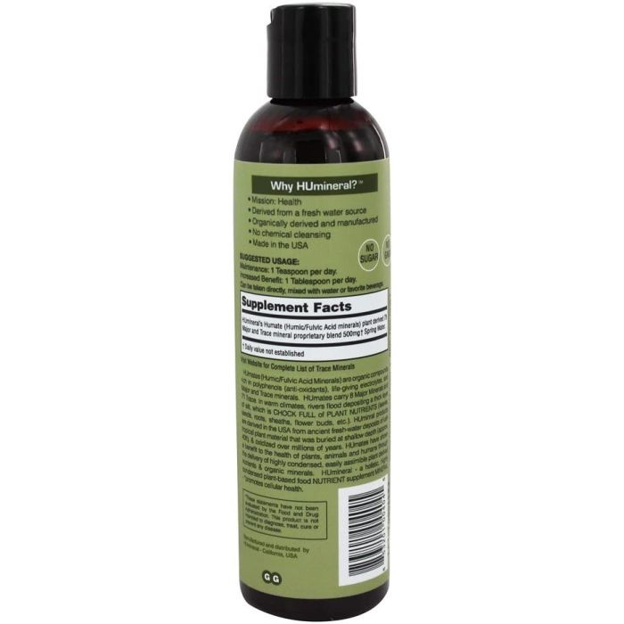 Front label of HU Humic Fulvic Acid Minerals Immune Boost – organic, vegan, Non-GMO, 8 fl oz
