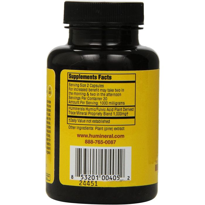Label of HU Humic Fulvic Acid Minerals Immune Boost Raw Powder, Non-GMO and gluten-free