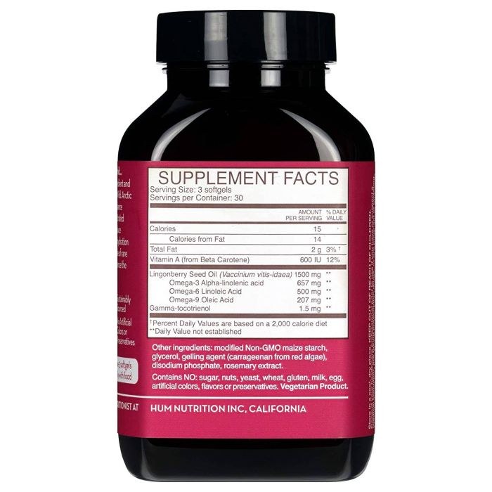 Supplement facts label for HUM Arctic Repair – includes omegas 3-6-9 and vitamin E