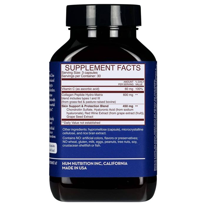 Supplement facts panel for HUM Collagen Love with hyaluronic acid and resveratrol