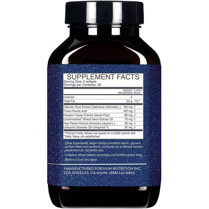 Back label showing ingredients in HUM Mighty Night vegan softgels