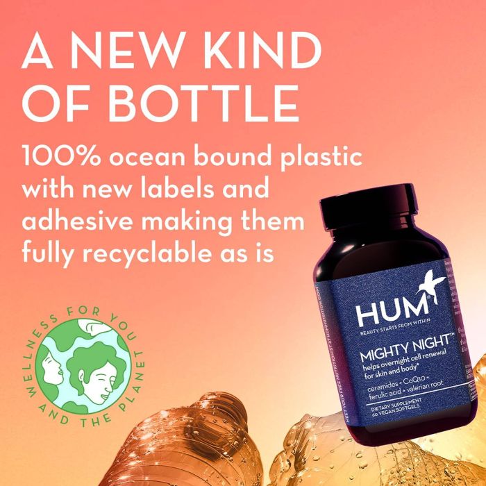 HUM Mighty Night supplement bottle with 60 vegan softgels for nighttime skin renewal