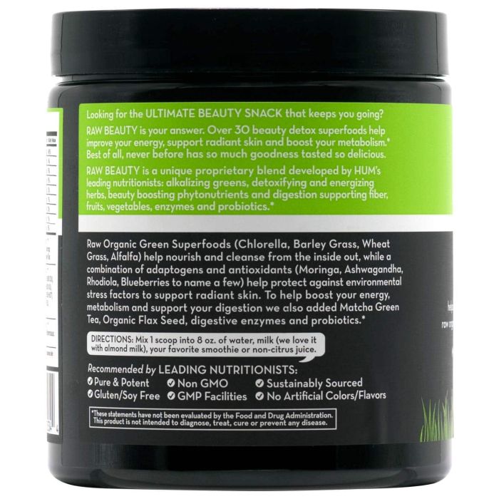 HUM Raw Beauty packaging with 30 servings – flavored greens blend