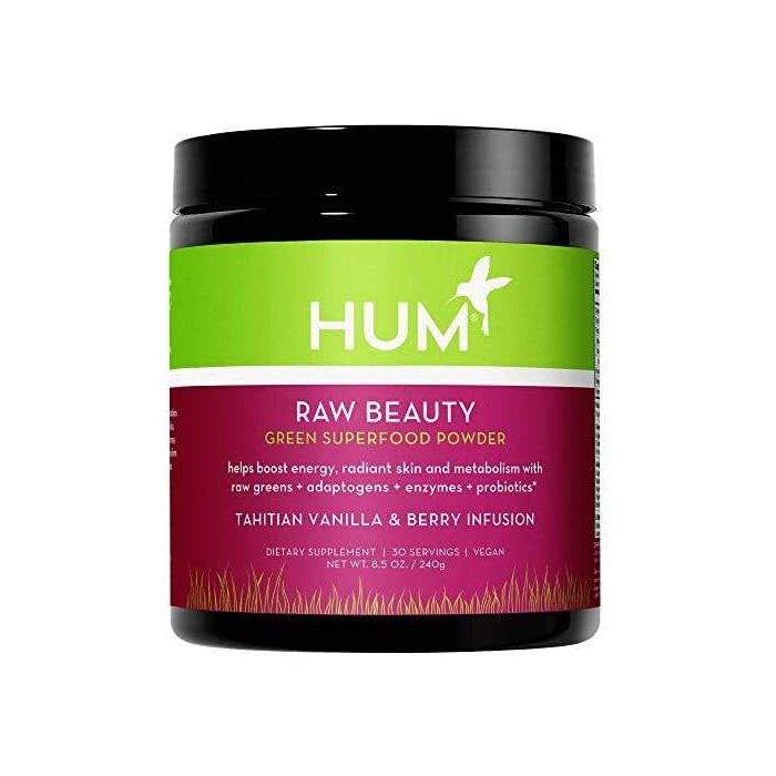 Supplement facts label showing ingredients in HUM Raw Beauty powder