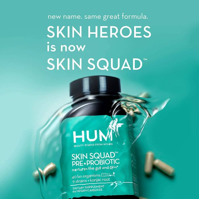 Vegan-friendly HUM Skin Squad probiotics and prebiotics for gut balance