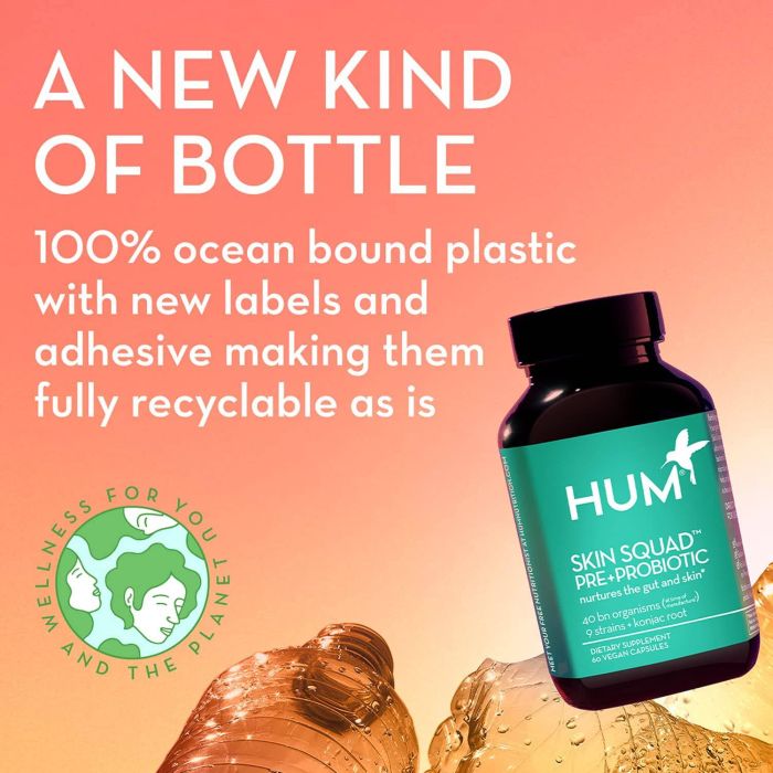 Front label of HUM Skin Squad Pre+Probiotic supplement bottle