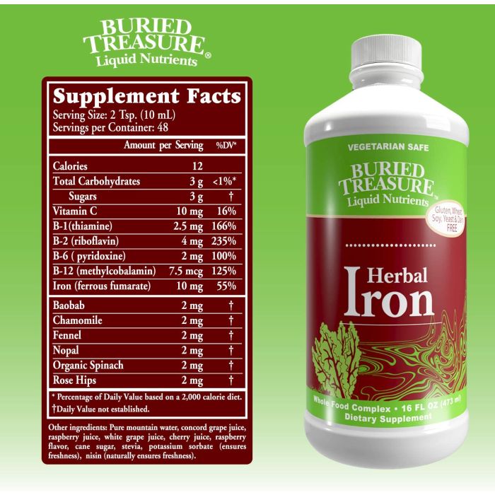 "Buried Treasure Herbal Iron Supplement 16 oz – liquid plant-based iron with vitamin C"
