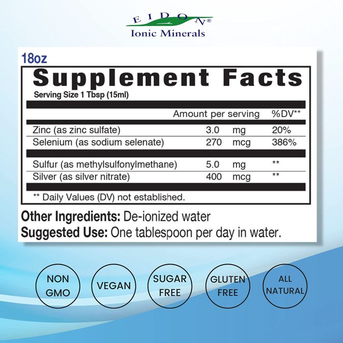 Vegan gluten-free immune mineral blend, Eidon Ionic Minerals, 18 oz bottle