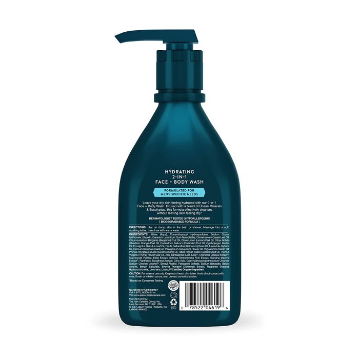 Jason Men Hydrating 2-in-1 Face & Body Wash – 16 oz bottle for dry skin relief