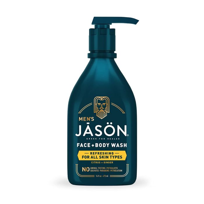 Pump bottle of Jason Refreshing Wash showing ingredients and usage