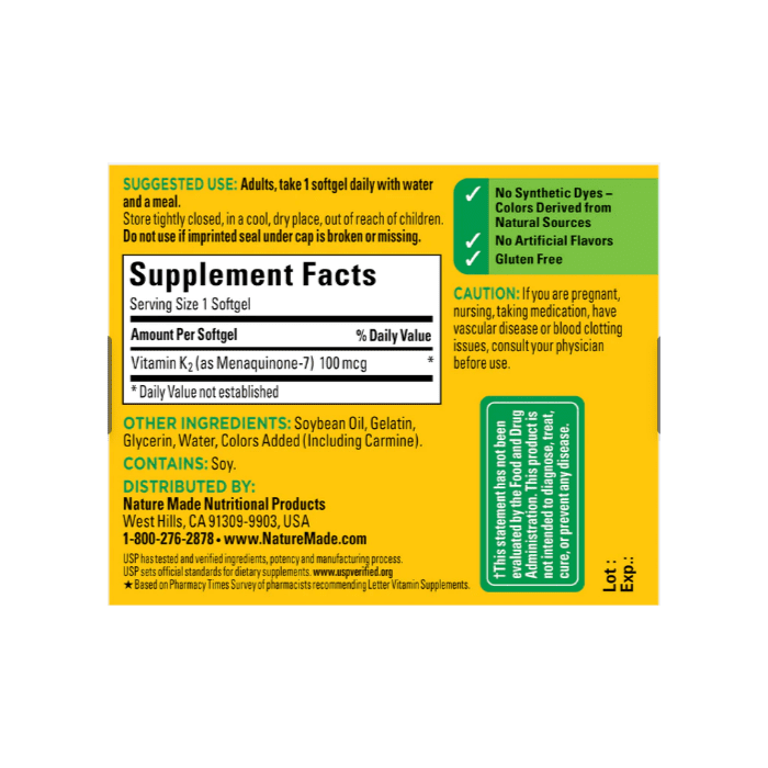 Nature Made Vitamin K2 100 Mcg 30 Softgels Bone Health Support