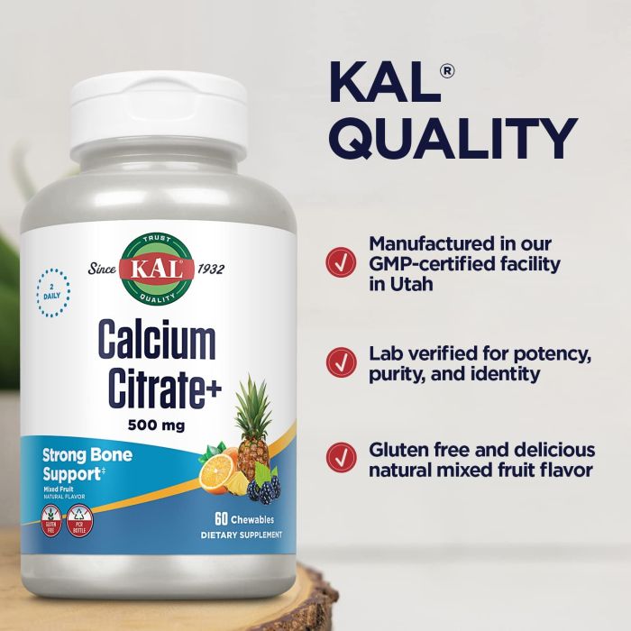 Supplement Facts label for KAL Calcium Citrate 500mg Chewables – vegetarian formula