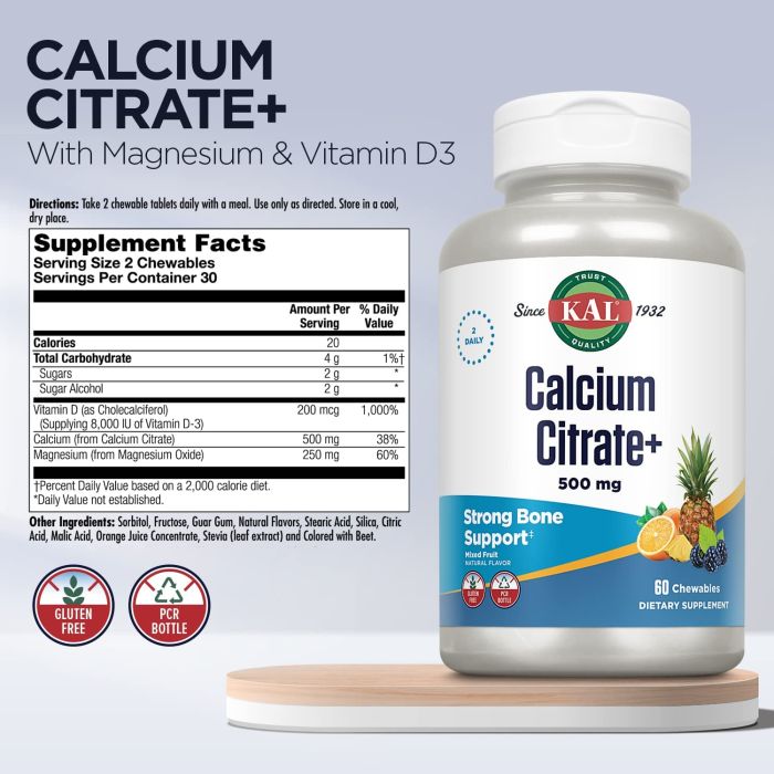 Supplement Facts label for KAL Calcium Citrate 500mg Chewables – vegetarian formula