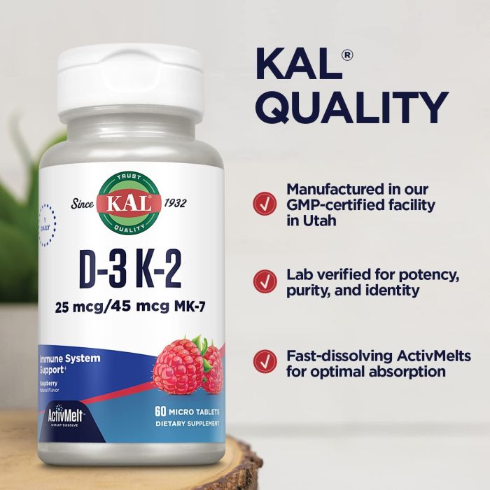 Back label with supplement facts for KAL D3 + K2 raspberry ActivMelts