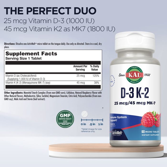 KAL D3 + K2 ActivMelt 60 tablets – raspberry flavor for bone and immune support