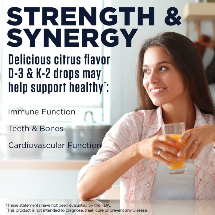 Front label of KAL D3 K2 liquid supplement showing fast-absorbing citrus-flavored dropper bottle