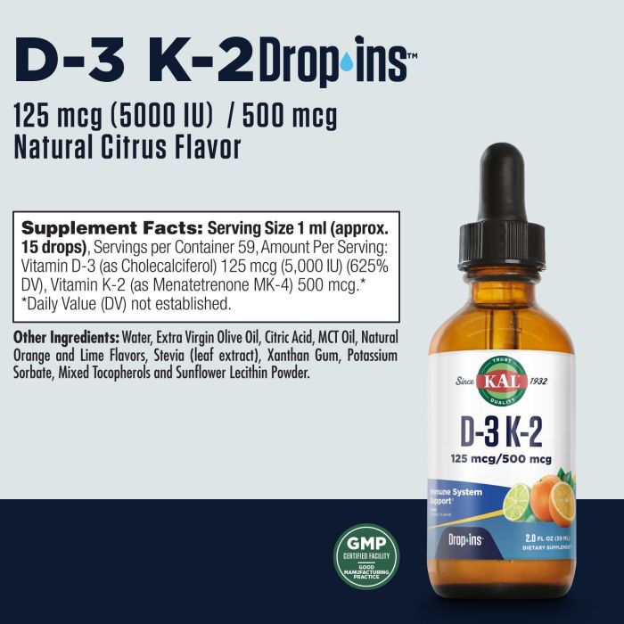 KAL D3 + K2 Liquid DropIns 2 oz – citrus flavor immune and bone support supplement with 5000 IU D3