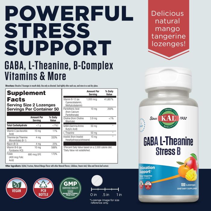 KAL Stress B packaging with vegan and non-GMO certifications