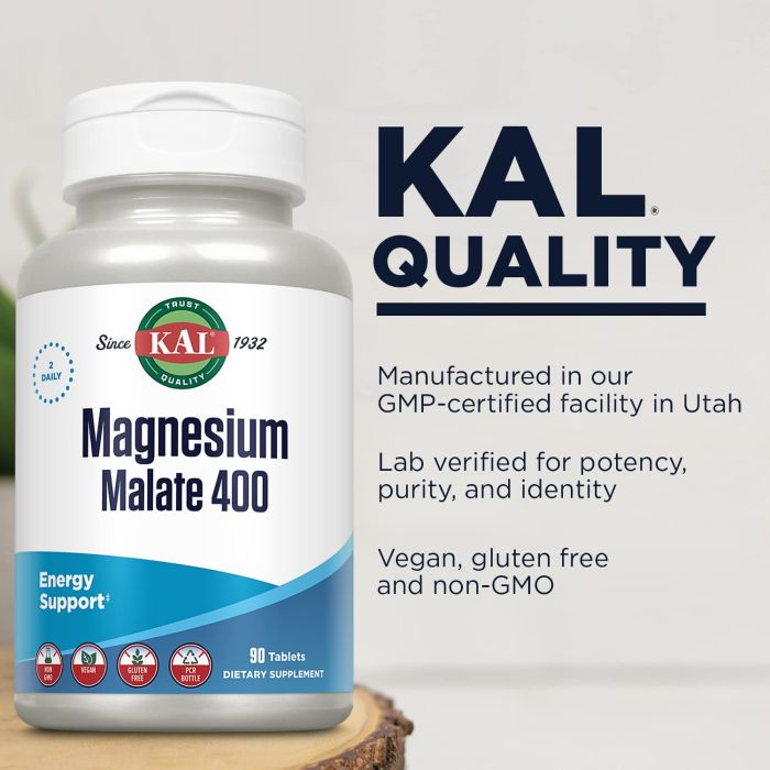 KAL Magnesium Malate 400 Tablets – vegan, gluten-free mineral supplement