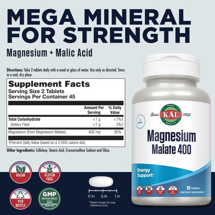 Supplement Facts panel for KAL Magnesium Malate 400 – muscle and nerve support
