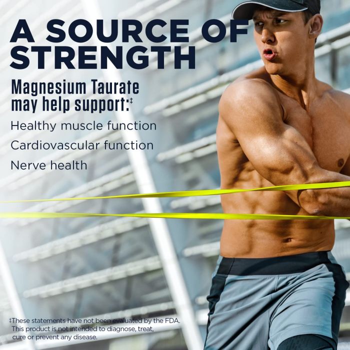 Back label of KAL Magnesium Taurate Plus – manufacturing certifications and directions