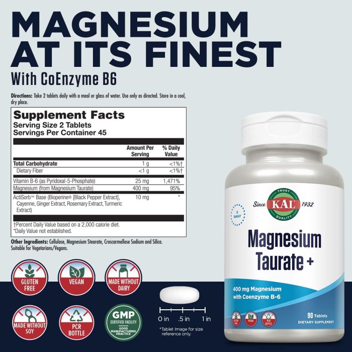 Close-up of KAL Magnesium Taurate Plus tablets – vegan, gluten-free, non-GMO supplement