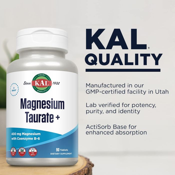 KAL Magnesium Taurate Plus bottle on white background – 90 tablets for heart health
