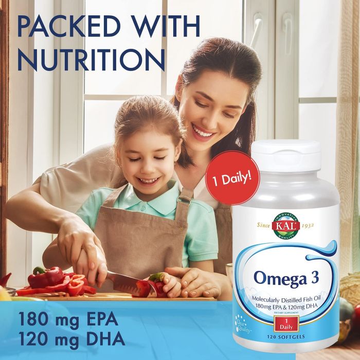 Supplement facts showing 180 mg EPA & 120 mg DHA per softgel