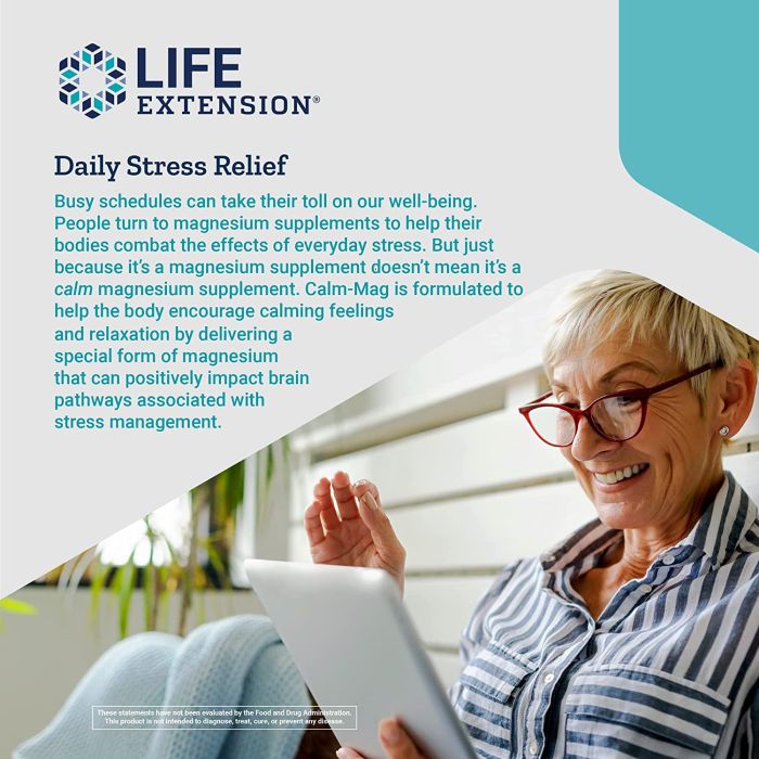 Supplement Facts panel of Calm-Mag – showing 45 mg magnesium from 750 mg ATA Mg