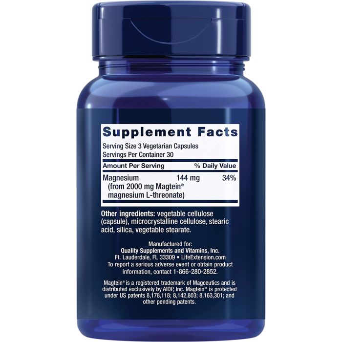 "Back label of Neuro-Mag showing ingredients and certifications"