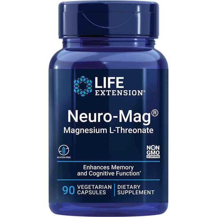 "Front view of Life Extension Neuro-Mag bottle – vegetarian, non-GMO, gluten-free"