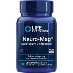 "Front view of Life Extension Neuro-Mag bottle – vegetarian, non-GMO, gluten-free"