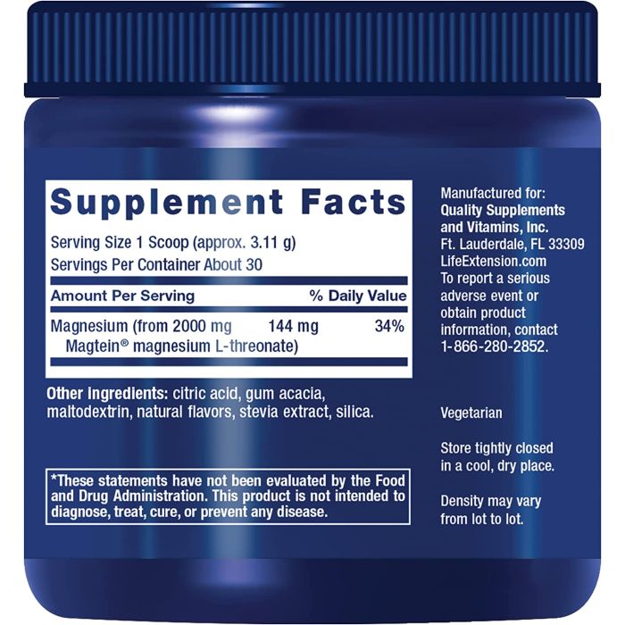 "Back label showing ingredients and certifications – Neuro-Mag L-Threonate"