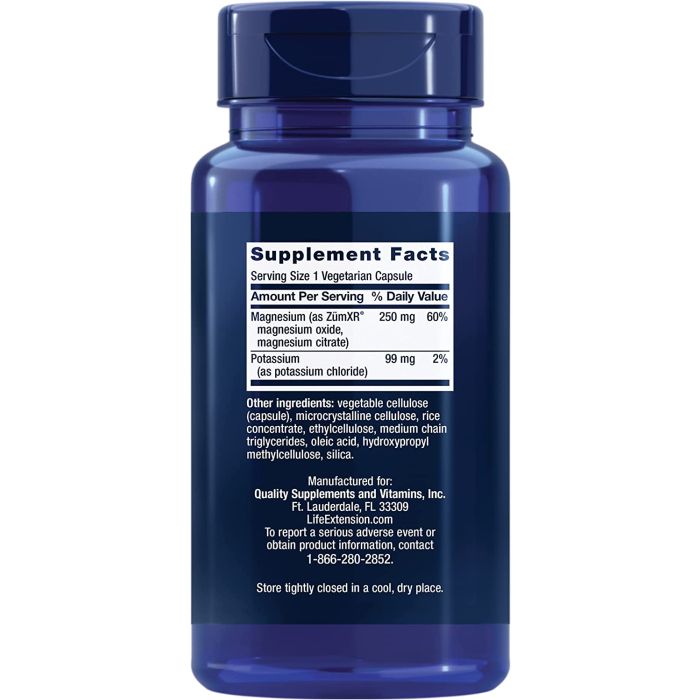 "Label showing supplement facts of Life Extension Potassium with Extend-Release Magnesium"