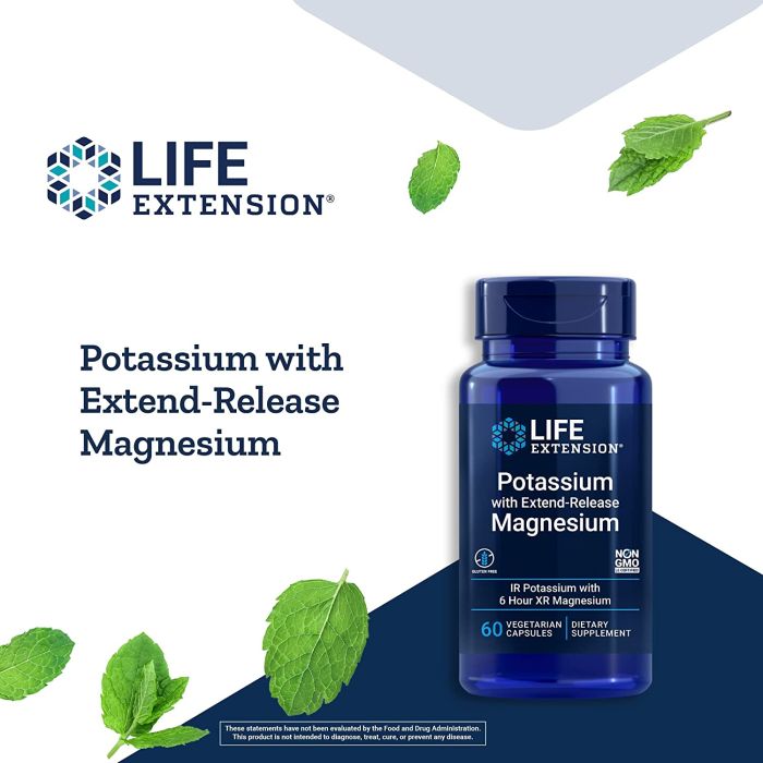 "Potassium and time-released magnesium supplement bottle – Non-GMO, gluten-free, made in USA"