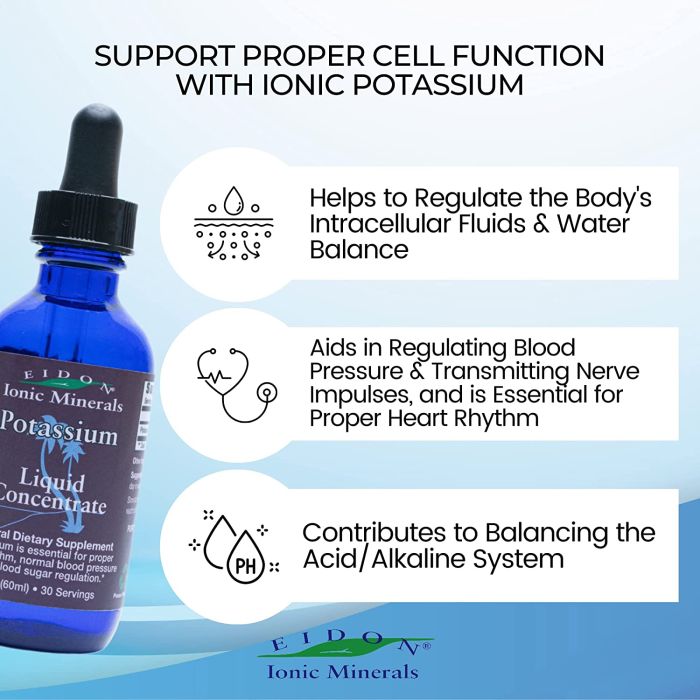 Supplement Facts label for Eidon Liquid Potassium – 99 mg potassium per serving in 2 oz concentrate