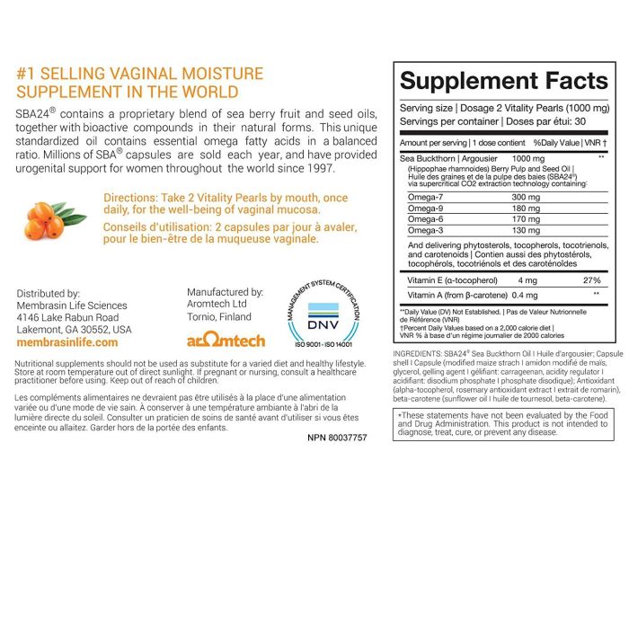 Membrasin Moisturizer Supplement – supports skin hydration and vaginal health during menopause with Sea Buckthorn Oil, 60 softgels.